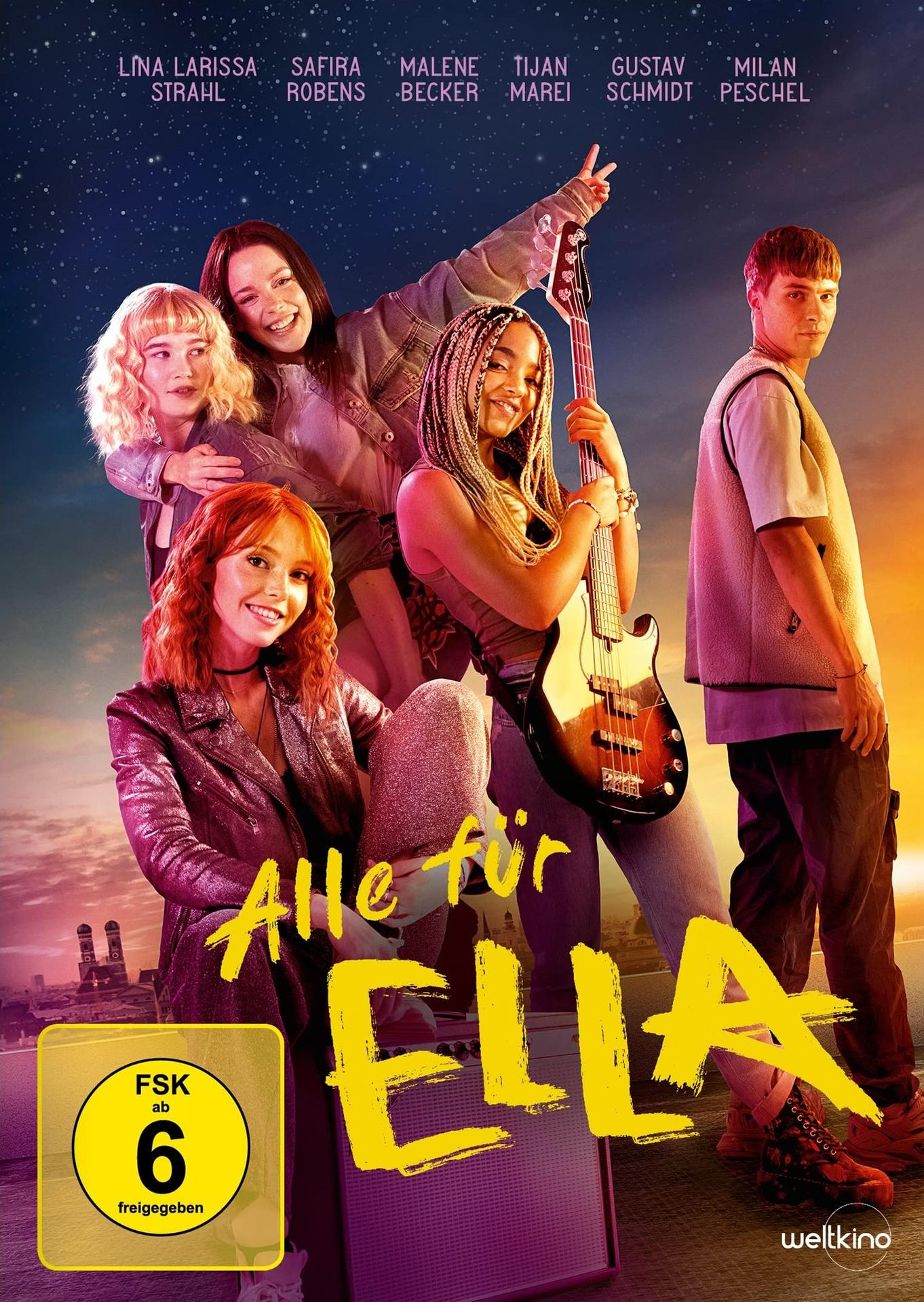 Filmposter. Gruppe junger Erwachsener mit Gitarre vor einer Stadt. Titel 'Alle für Ella'.