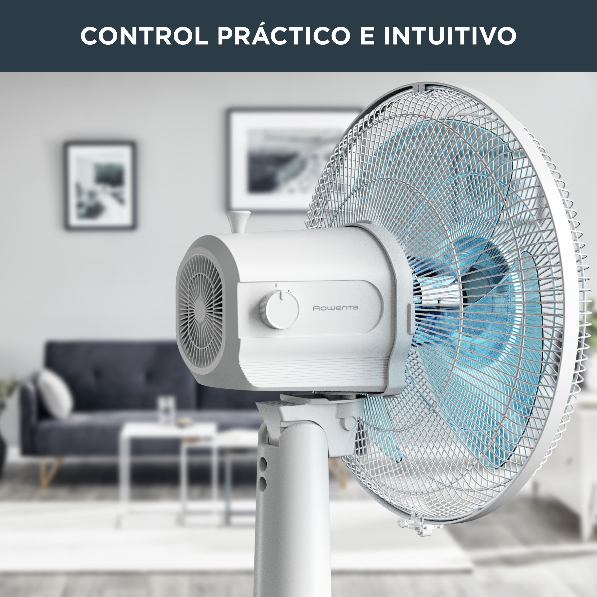 Ventilador blanco con aspas azules. El texto anterior dice: “CONTROL PRÁCTICO E INTUITIVO”.