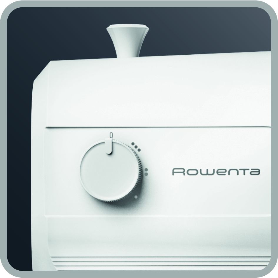 Primer plano de un electrodoméstico Rowenta con un dial y un patrón de rayas verticales.