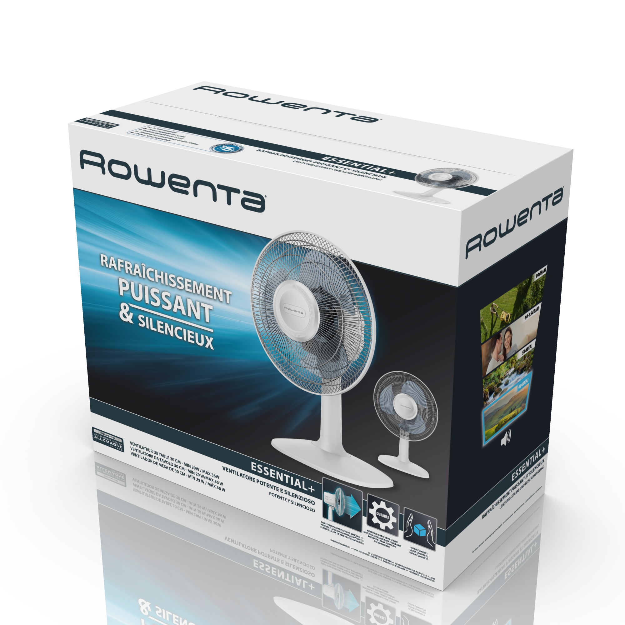 Caja de ventilador blanca y azul con imagen de ventilador, detalles del producto y el logo Rowenta.