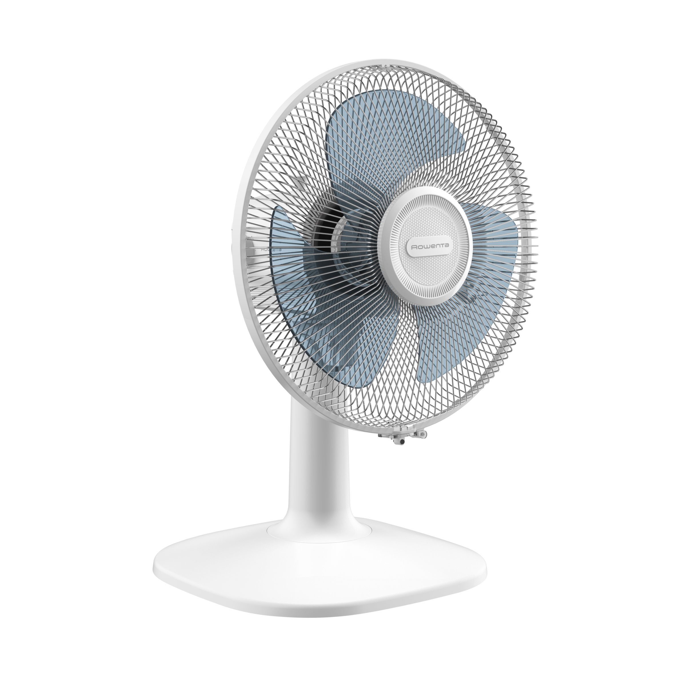 Ventilador blanco con aspas azules. Vista frontal, sobre un fondo negro.