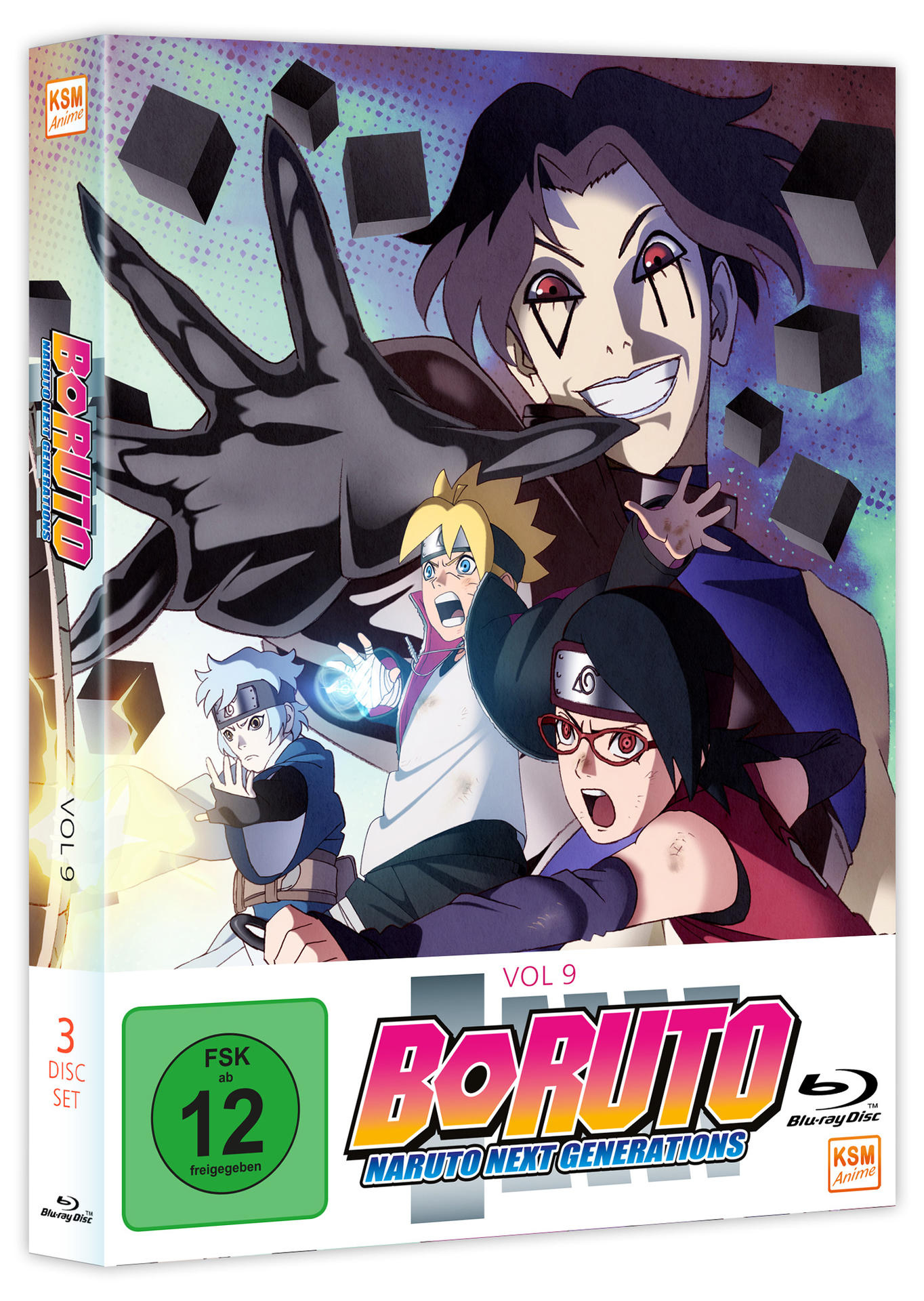 Boruto: Naruto Next Generations Vol. 9 Blu-ray-Box-Art mit mehreren Charakteren und Logo.