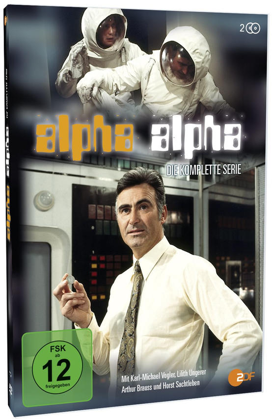 DVD-Cover mit zwei Astronauten und einem Mann mit Münze. Alpha Alpha Text.