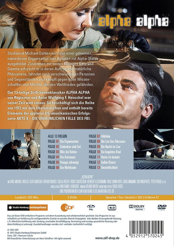 DVD-Cover von Alpha Alpha, mit einem Mann und einer Frau, die etwas betrachten. Text auf dem Cover.