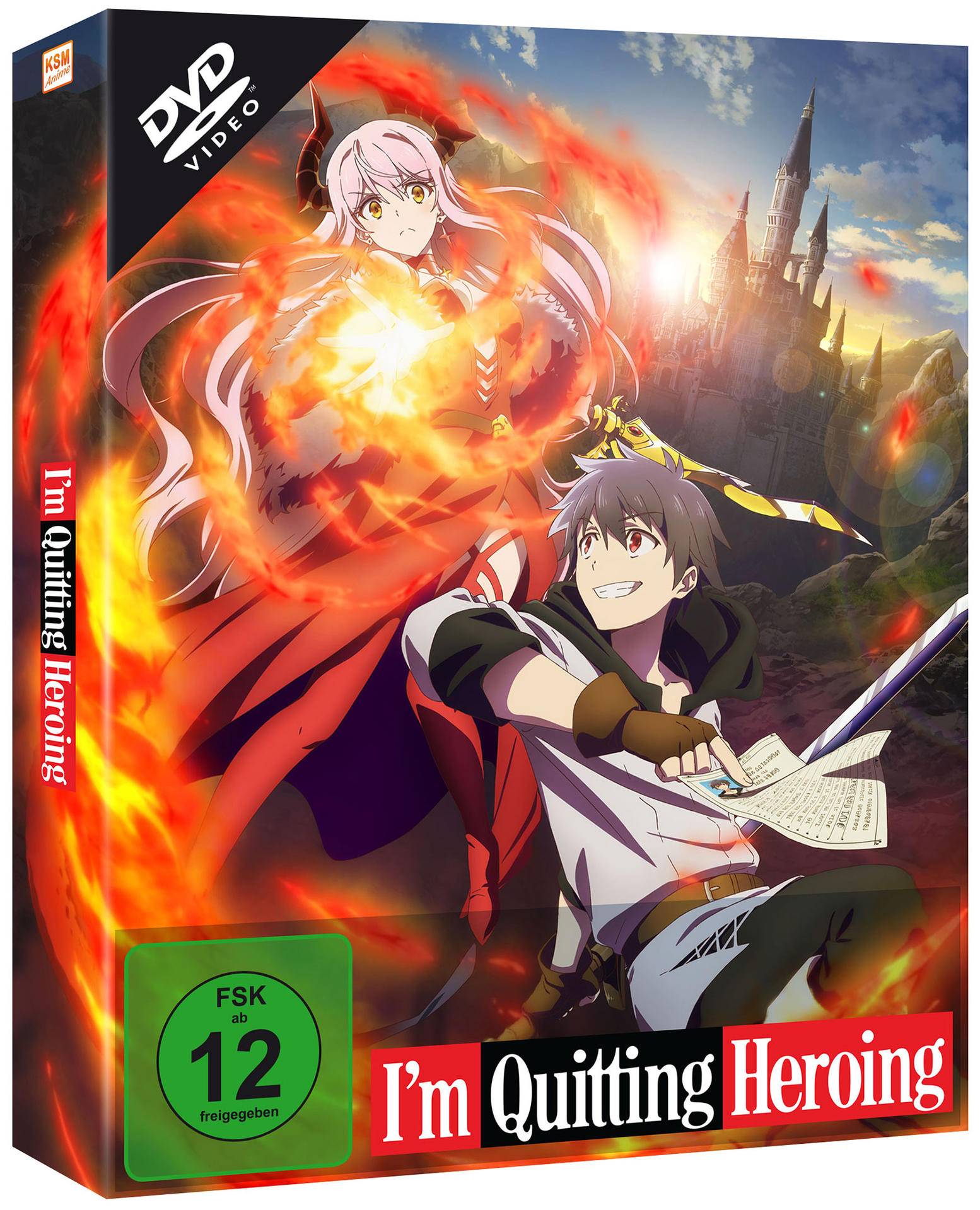 Anime-DVD-Cover mit zwei Charakteren, feurigem Hintergrund und Burg. Titel: Ich höre auf, Held zu sein.