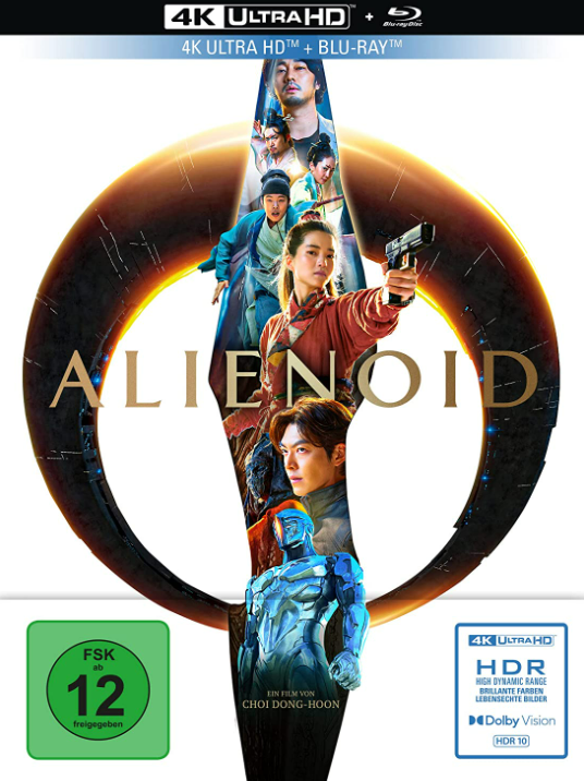Filmcove für 'Alienoid' in 4K Ultra HD. Zeigt eine Gruppe von Leuten mit einer schwertartigen Struktur in Gold.