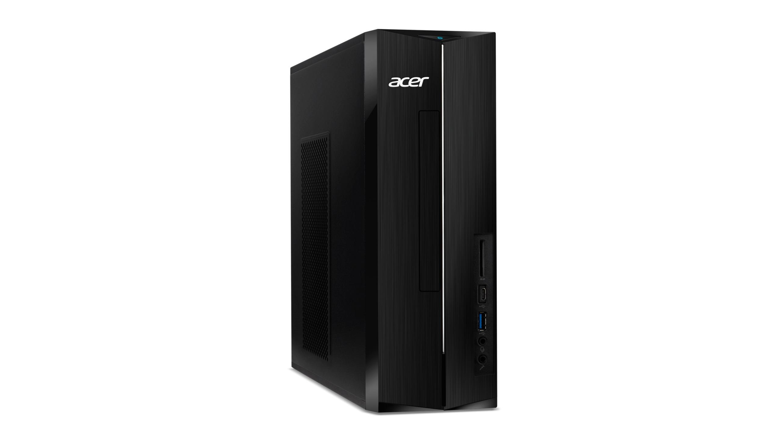 Ein schwarzer Acer Desktop-Computer, aufrecht, auf weißem Hintergrund. Es hat das Acer-Logo.