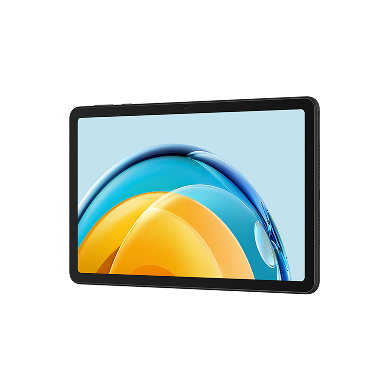 Beyaz arka planda renkli soyut şekiller gösteren bir ekranı olan siyah tablet.