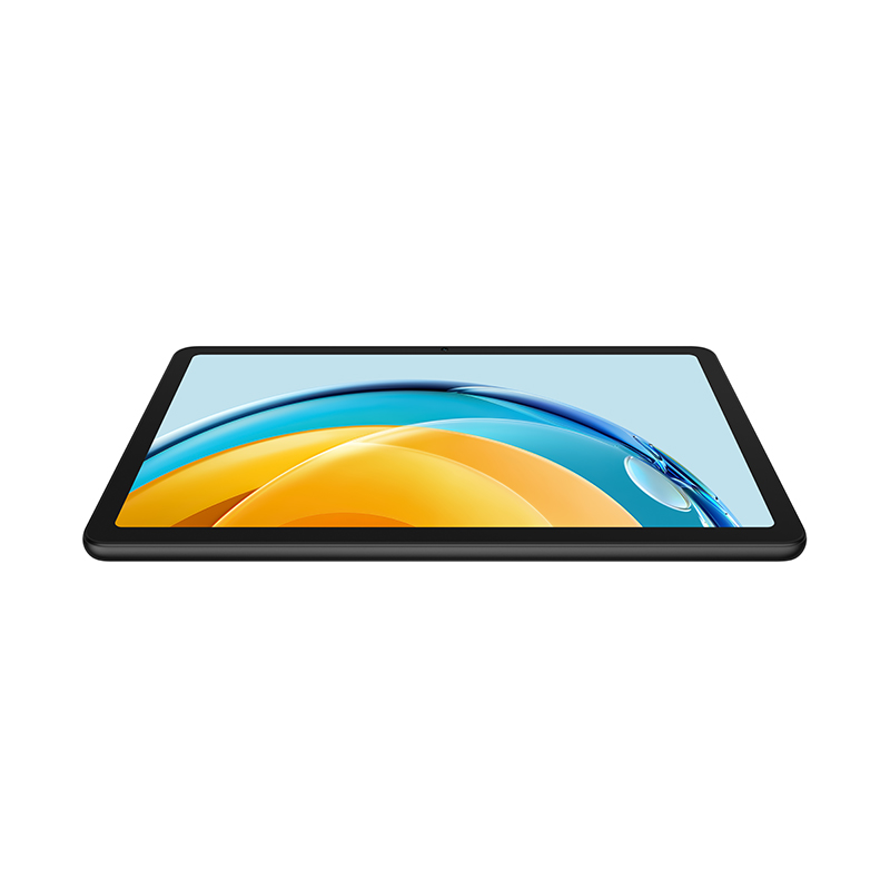 Renkli ekranlı siyah bir tablet, beyaz bir arka plan üzerinde, hafifçe eğik.