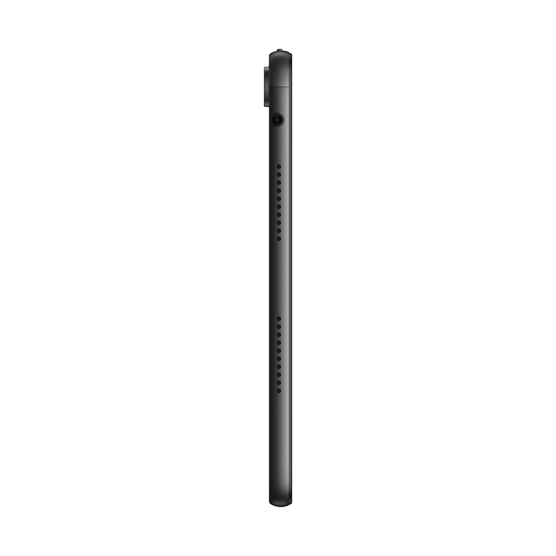 Yan taraftan görülen siyah bir tablet, kamera, hoparlör delikleri ve şarj portu.