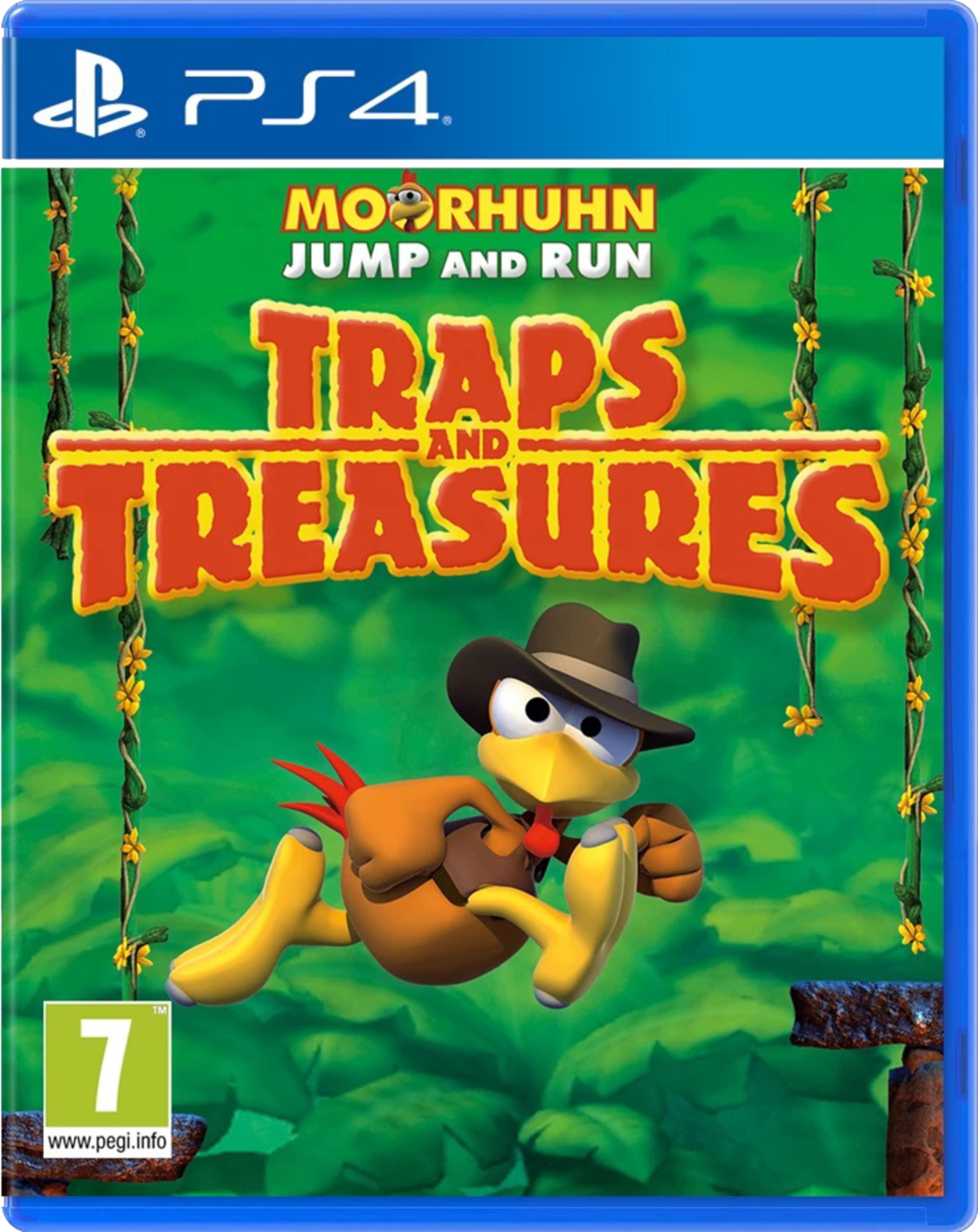 Boîtier de jeu vidéo avec un poulet de dessin animé. Le titre est Traps and Treasures.
