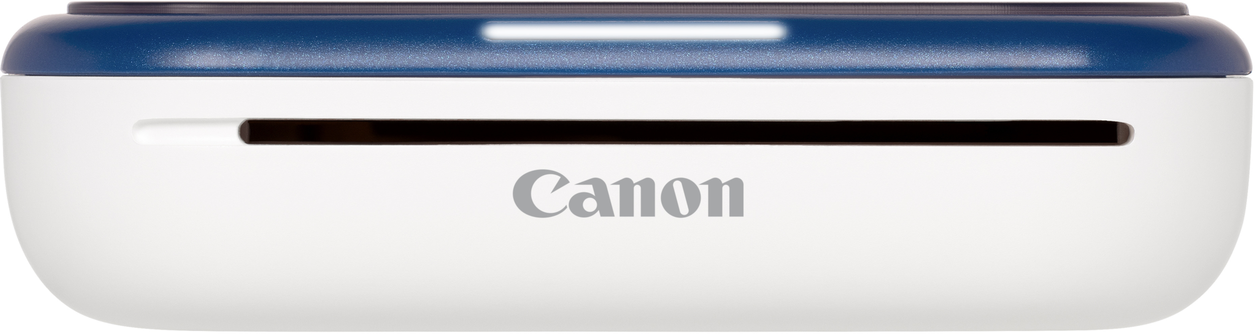 Ein weißer und blauer Canon-Drucker. Mit dem Canon-Logo und einem Schlitz zum Drucken.