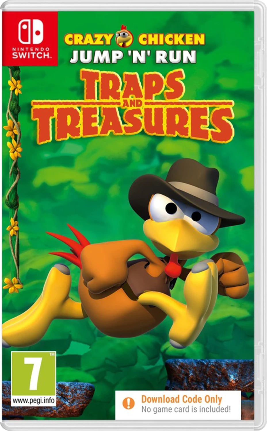 Crazy Chicken game case met een kippenpersonage op de cover. Groene en witte achtergrond.