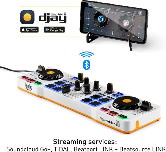 DJ-Controller mit Smartphone, das eine djay-App-Oberfläche zeigt. Enthält Logos von Streaming-Diensten.