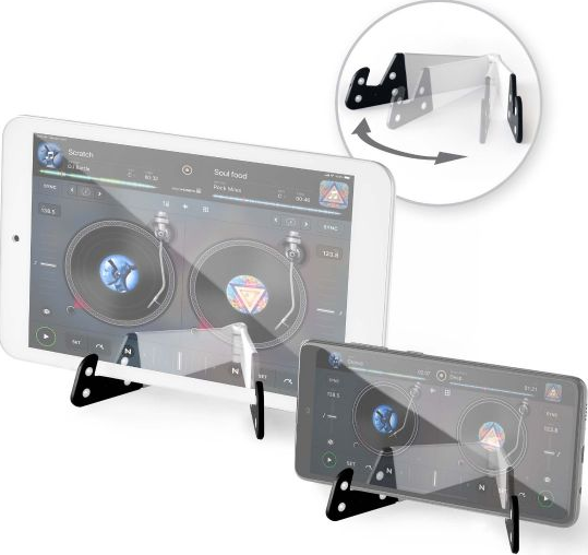 Zwei Tablet- und Telefonständer, schwarz, halten ein Tablet und ein Telefon mit DJ-Software-Oberflächen.