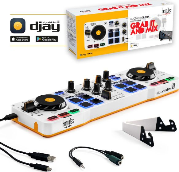 DJ-Controller und Box, mit weißem und orangem Design. Kabel und Ständer sind ebenfalls vorhanden.
