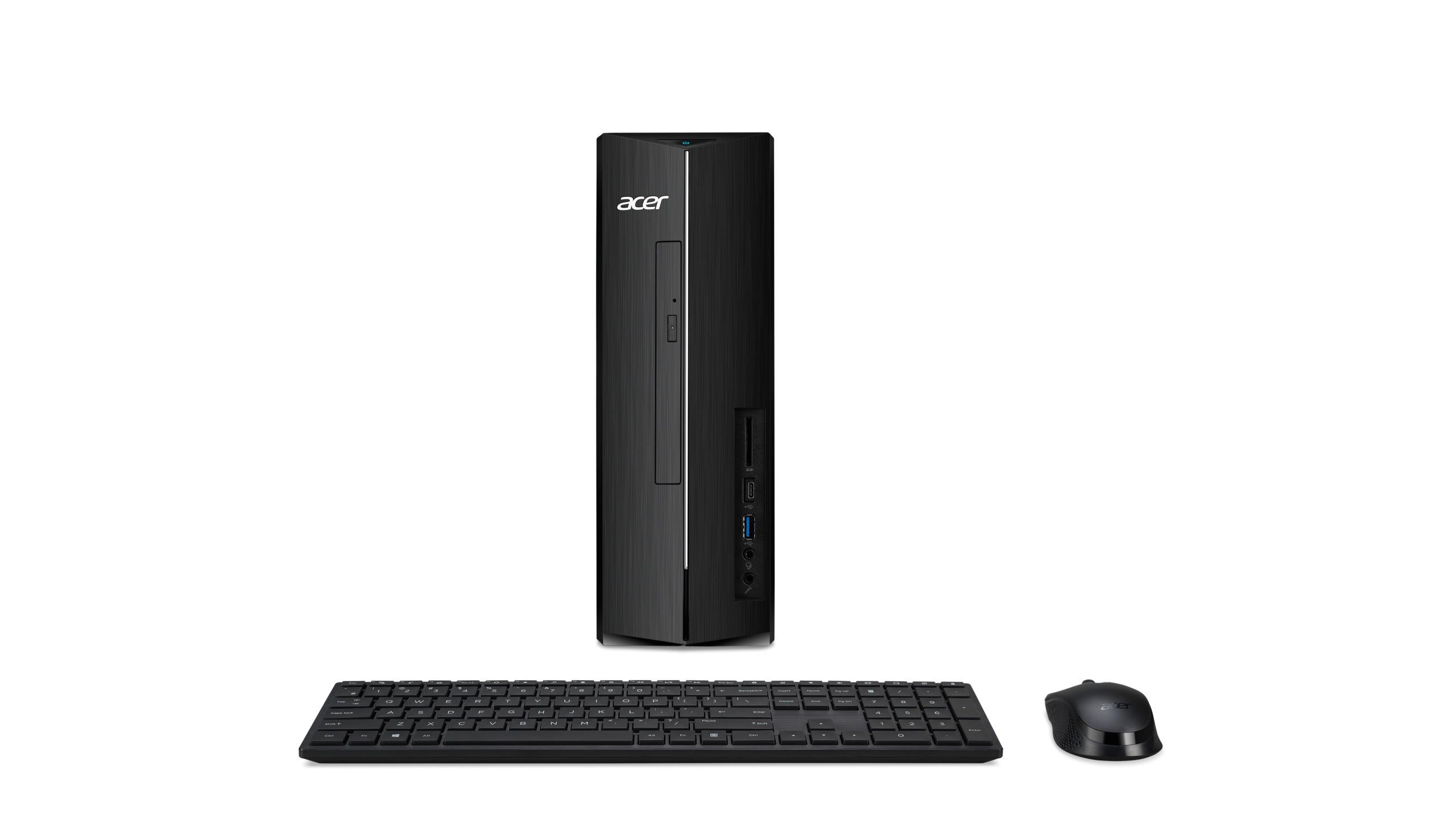 Schwarzer Acer Desktop-Computer mit Monitor, Tastatur und Maus. Er steht auf weißem Hintergrund.