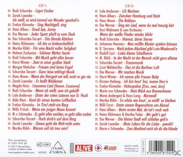 Zwei Textseiten, die verschiedene Songs und Künstler auflisten.