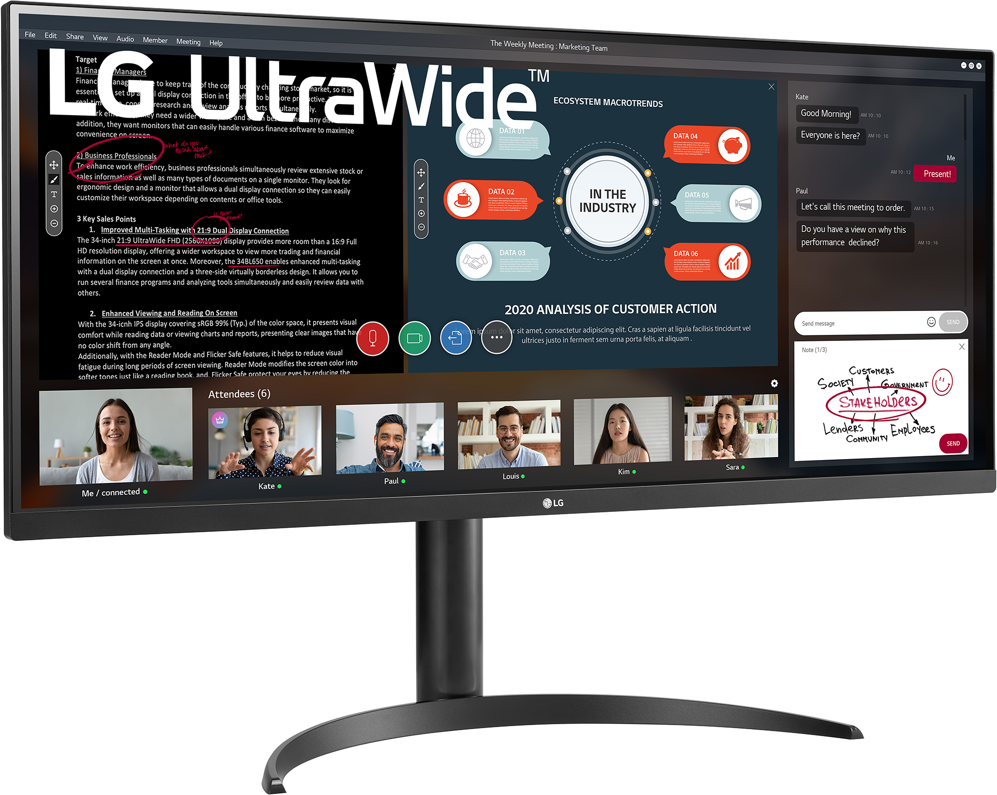LG Ultrawide monitor met videovergadering, grafieken en tekst. Zwart frame, standaard en vergadering.