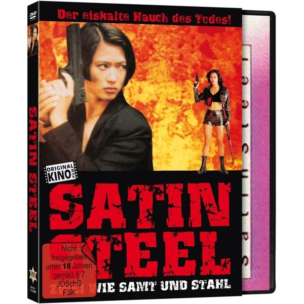 DVD-Cover für 'Satin Steel'. Ein Mann und eine Frau halten Waffen. Das Cover hat deutschen Text.