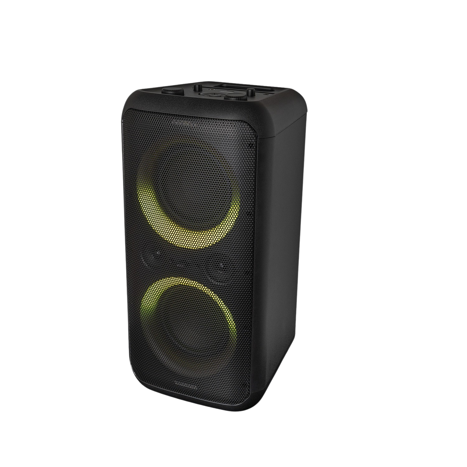 A black rectangular speaker with mesh front, and glowing yellow circles. Background is black.