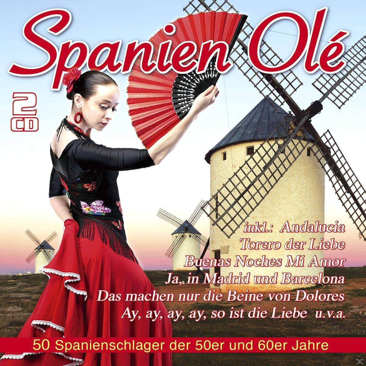 Albumcover mit einer tanzenden Frau und Windmühlen. Text: Spanien Olé, 50 Spanischen Schlager.