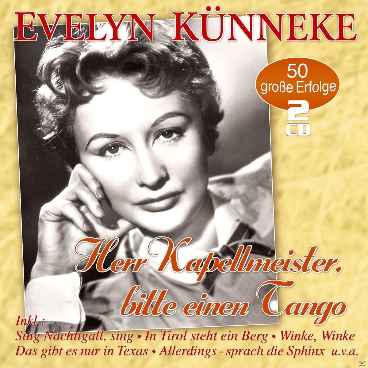 Albumcover mit Sängerin Evelyn Künneke. Text lautet "Herr Kapellmeister, bitte einen Tango". Enthält eine 50 Erfolgs-CD.