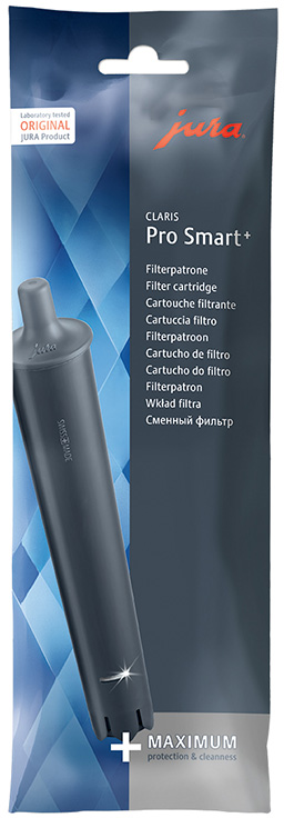Una cartuccia filtro grigia con l'etichetta 'Jura Claris Pro Smart+'. Confezione in bianco e nero.