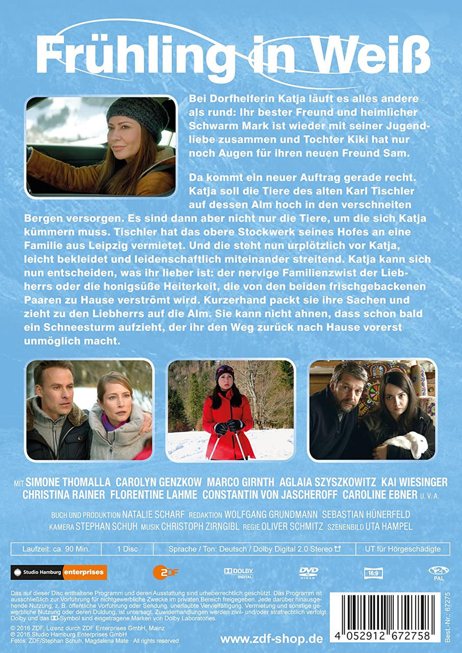 DVD-Rückseite mit Schauspielern. Text: Frühling in Weiß. Menschen mit Winterkleidung in verschneiter Umgebung.