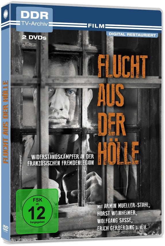 DVD-Cover mit einem Mann hinter Gittern, betitelt "Flucht Aus Der Hölle".