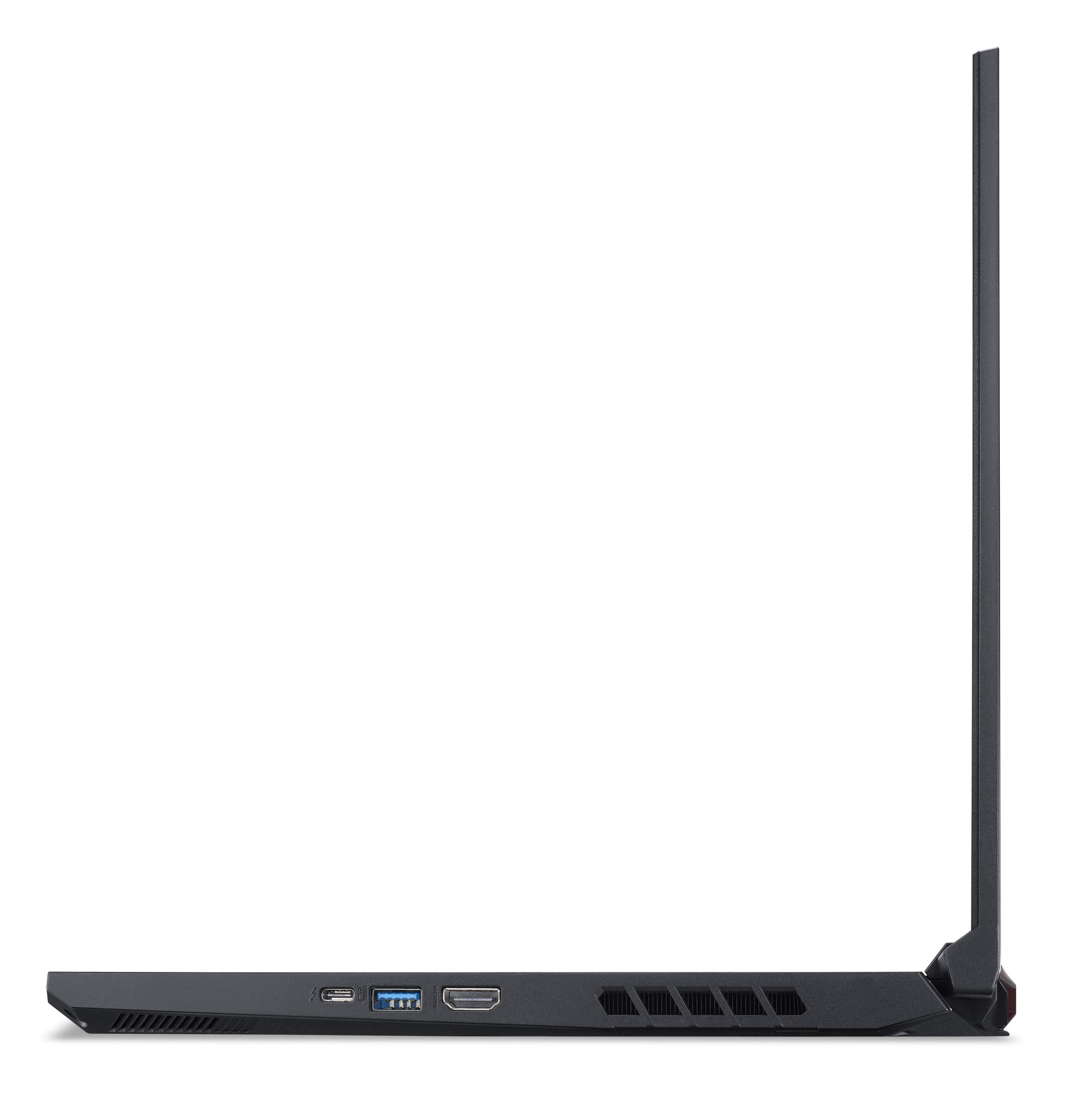 Schwarzer Laptop-Seitenansicht, Anschlüsse sichtbar. Weißer Hintergrund.