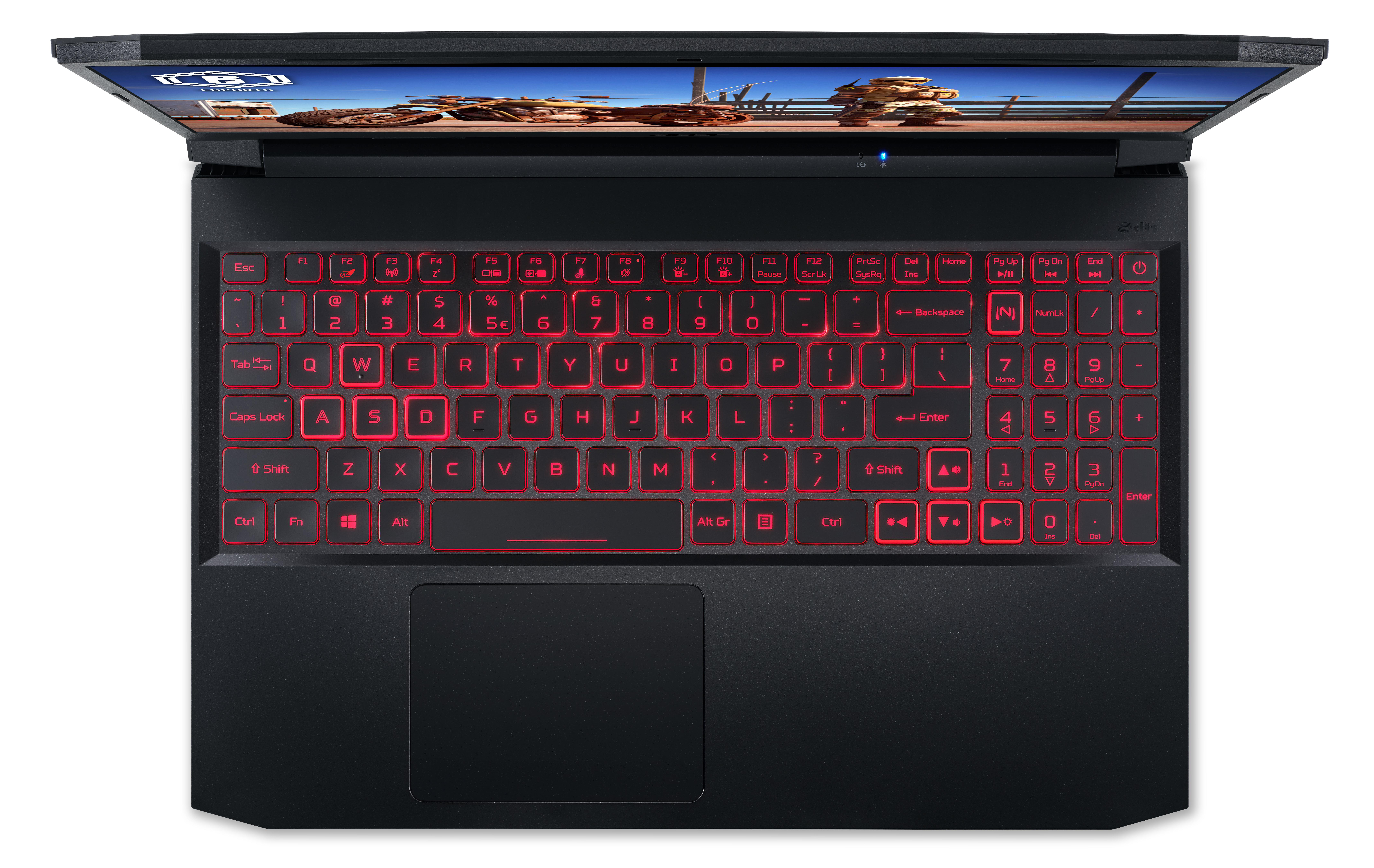 Schwarze Laptop-Tastatur mit rot beleuchteten Tasten. Bildschirm zeigt Spiel. Schwarzer Hintergrund.