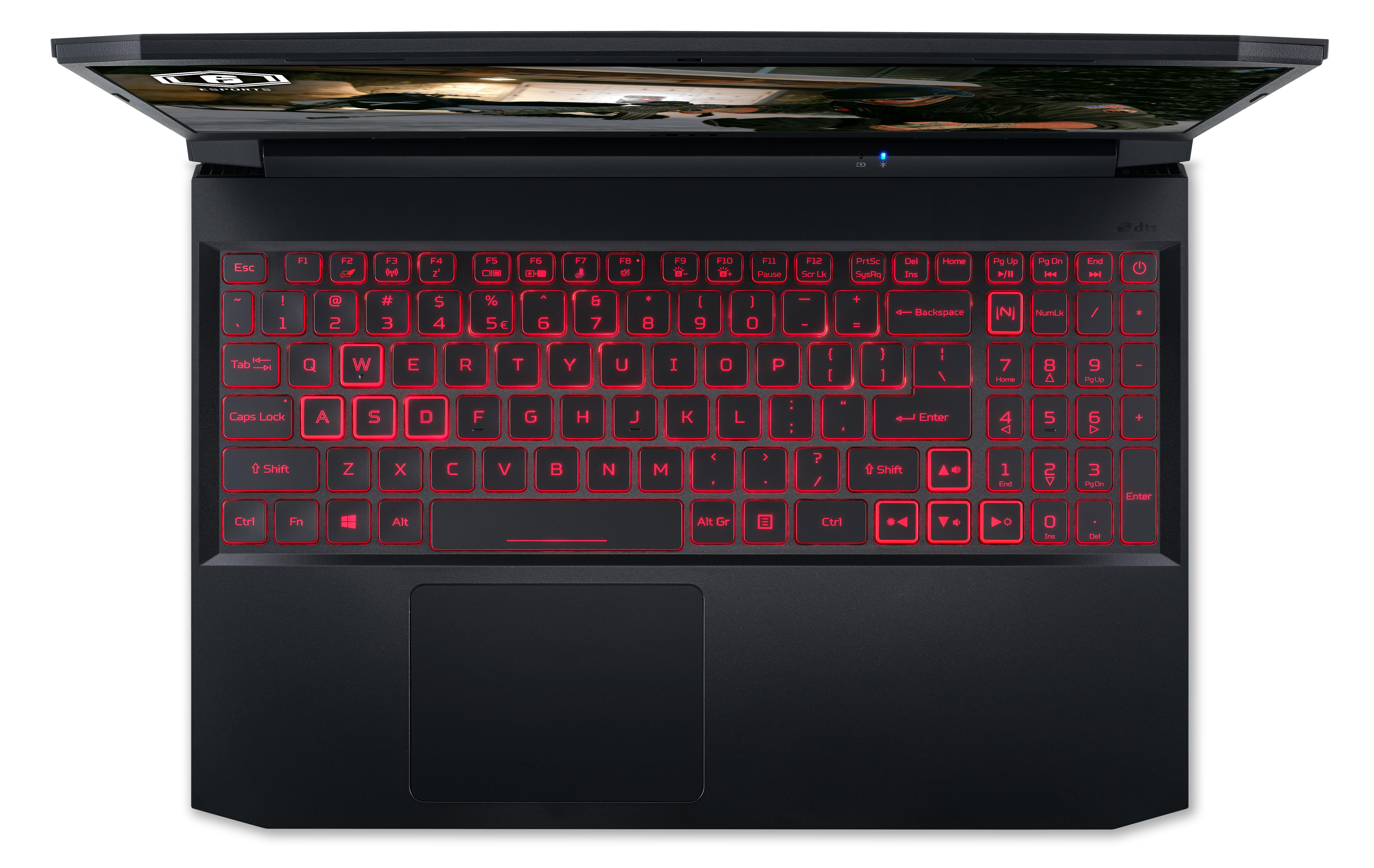 Laptop-Tastatur mit rot beleuchteten Tasten. Der Bildschirm ist dunkel.