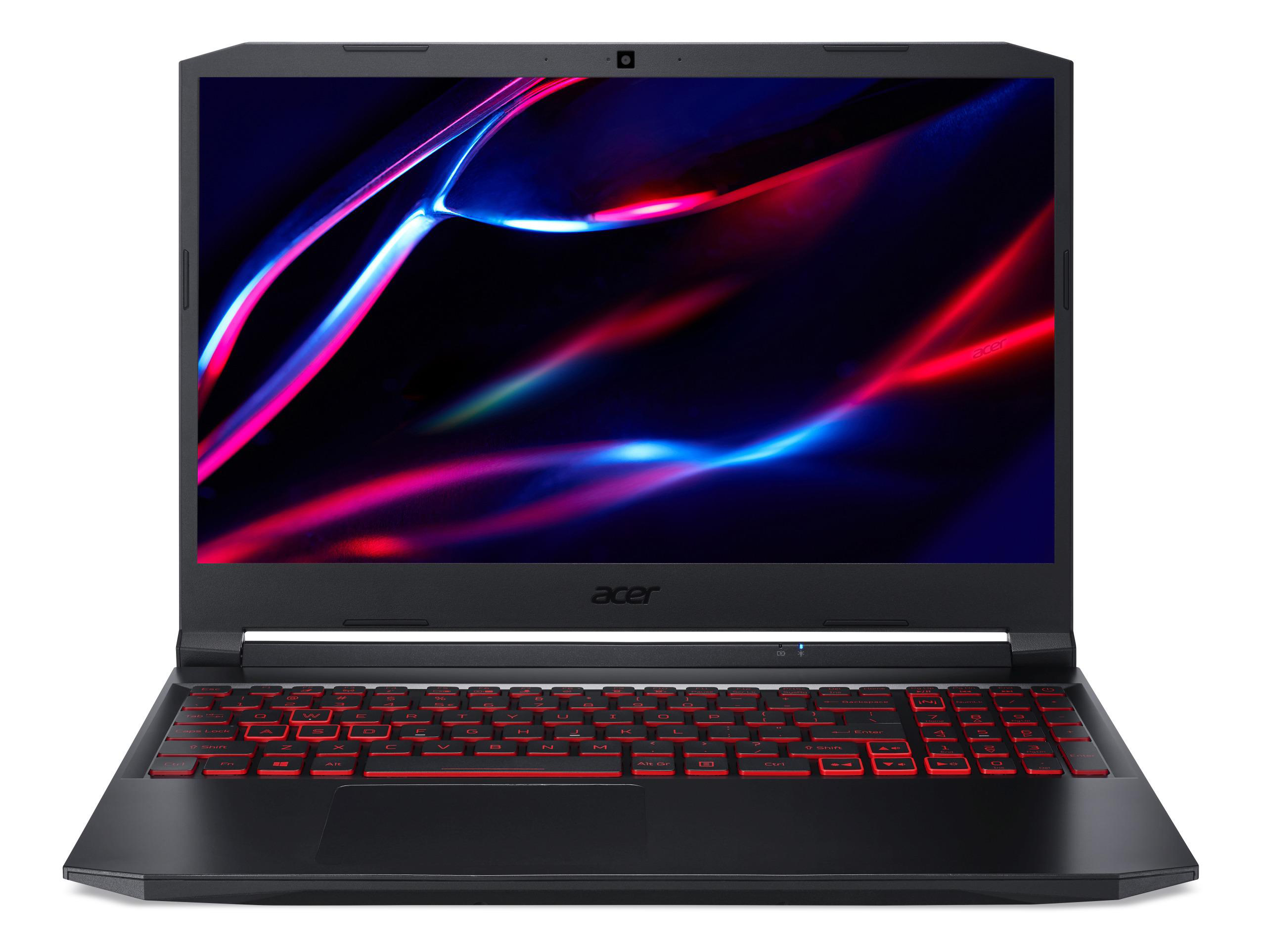 Ein schwarzer Laptop mit roter Tastatur und einem Bildschirm mit farbenfroher, abstrakter Grafik.