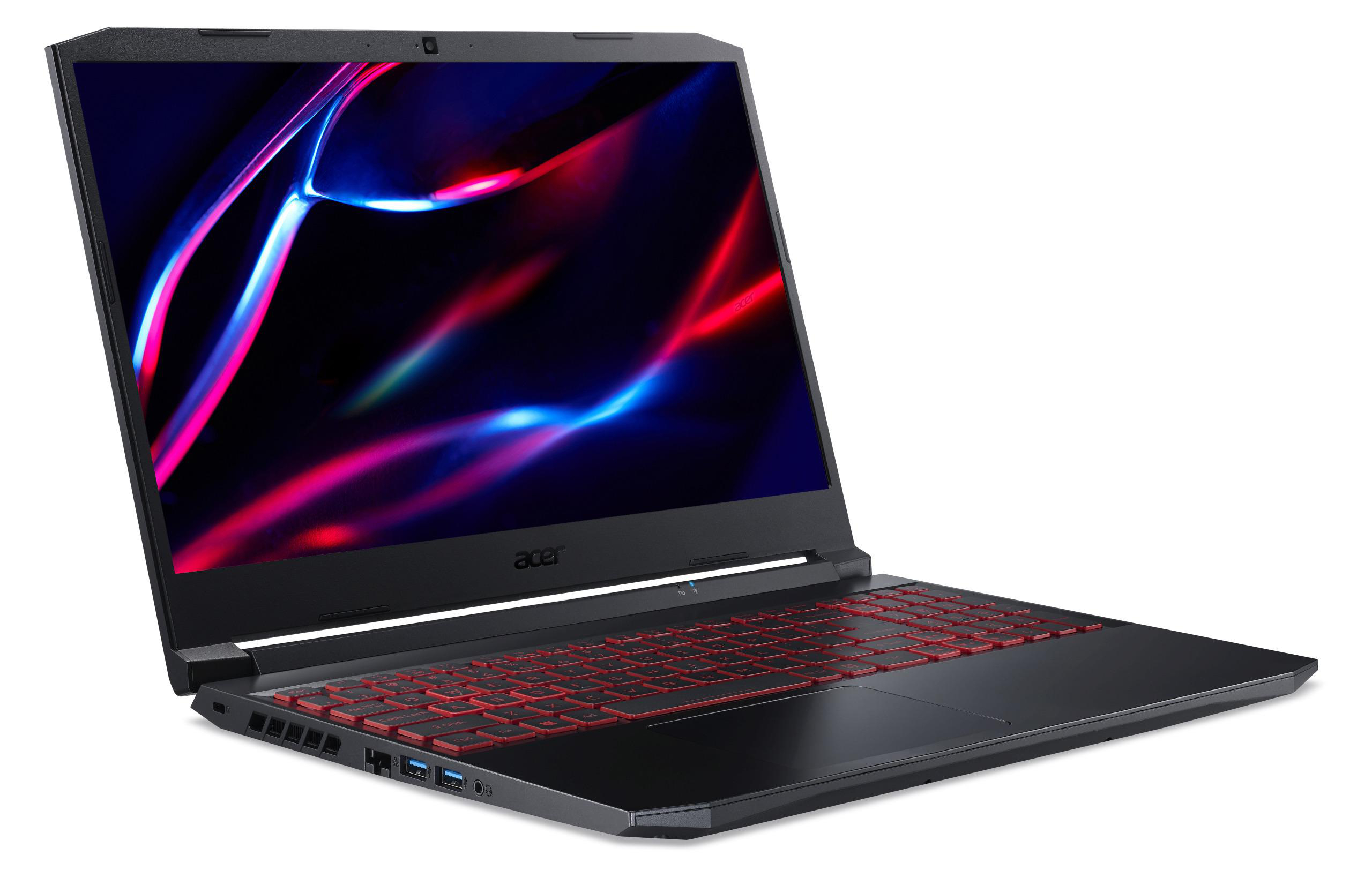 Ein schwarzer und roter Acer-Laptop, geöffnet auf einer weißen Oberfläche, mit farbenfrohem Bildschirm.