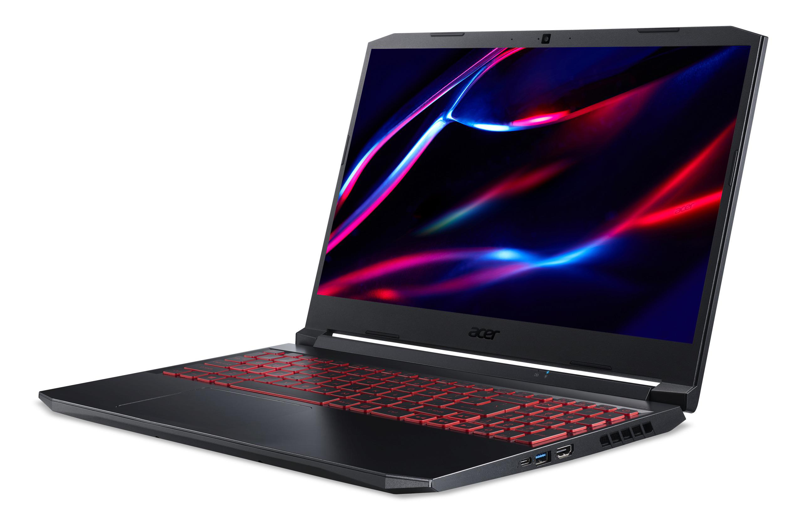 Ein schwarzer Laptop mit roter Tastatur, schräge Ansicht, weißer Hintergrund.