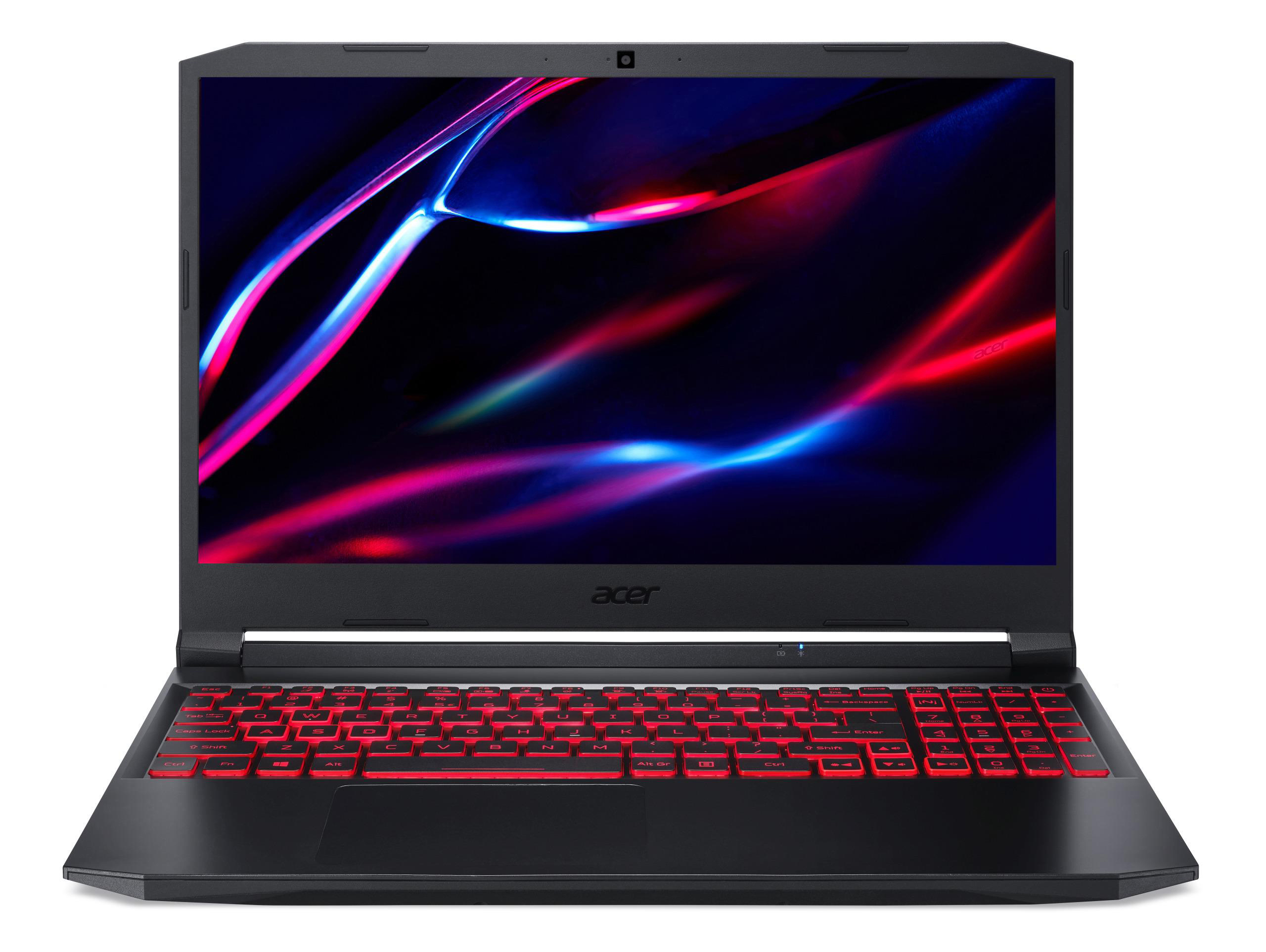 Schwarzer Acer-Laptop mit rot hinterleuchteter Tastatur. Der Bildschirm zeigt bunte, abstrakte Formen. Der Deckel ist geschlossen.
