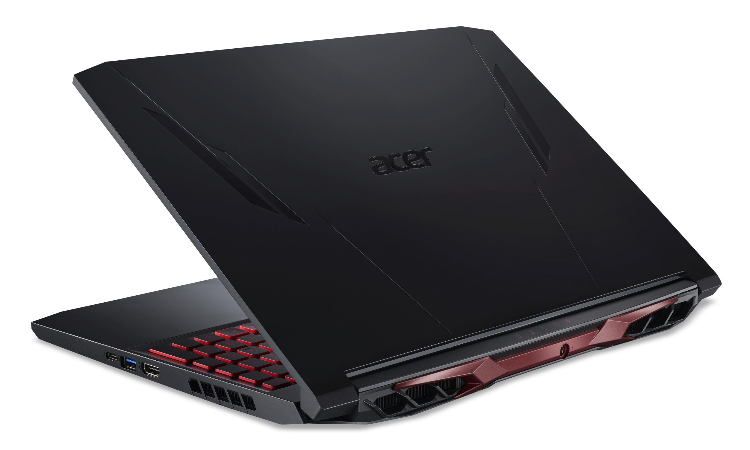 Schwarzer Laptop mit roter Tastatur und abgewinkeltem Design, Acer-Logo sichtbar.