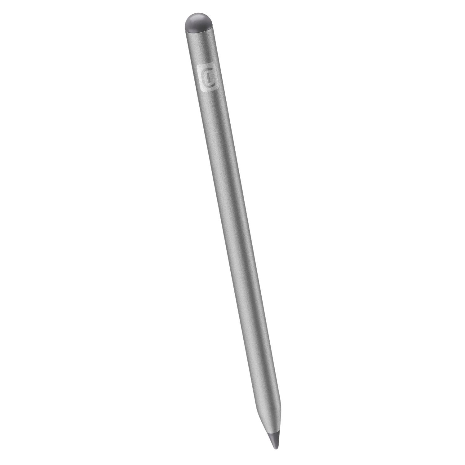A silver stylus pen on a black background. The pen is cylindrical and has a simple design.
