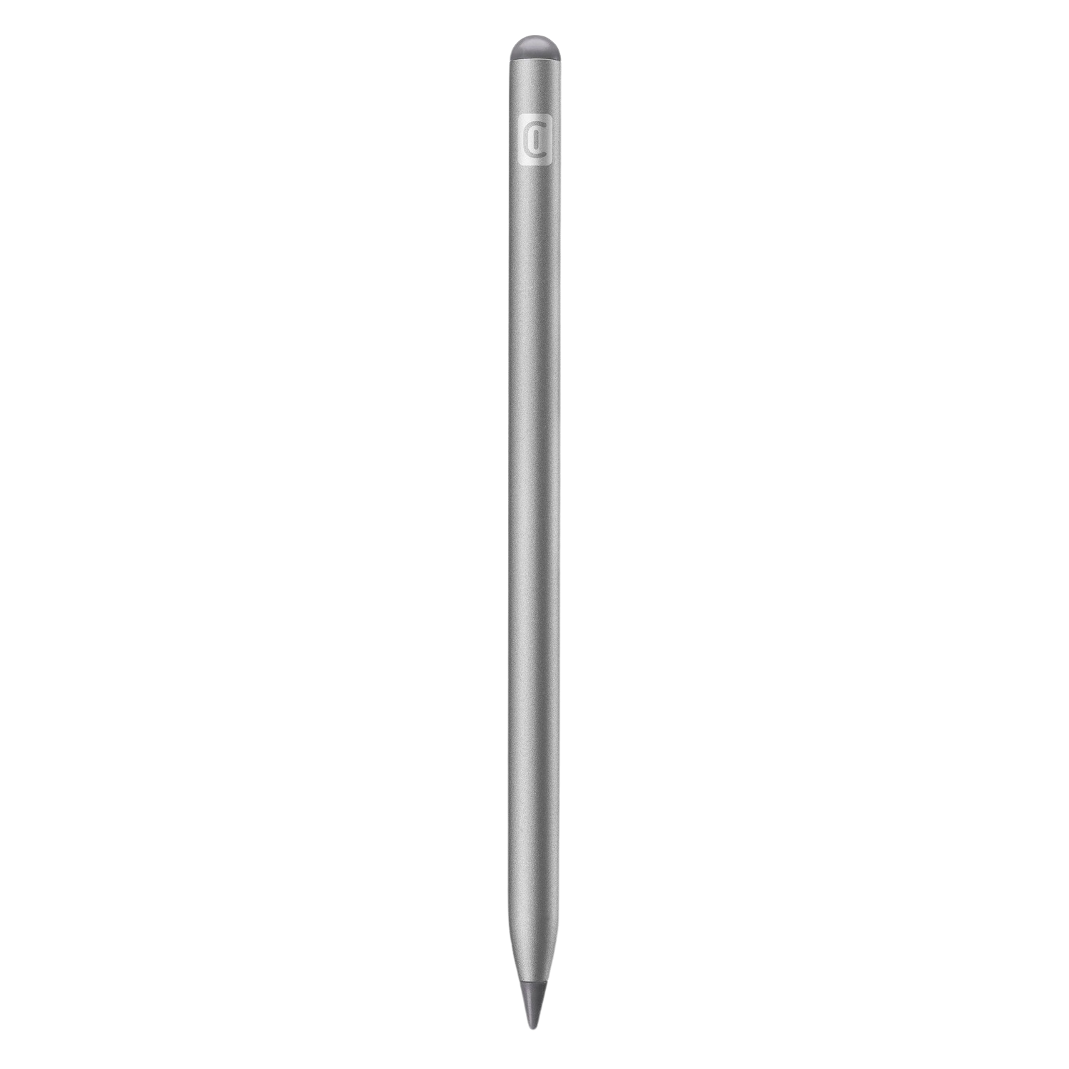 Silver stylus pen. It is long and cylindrical. The tip is dark.