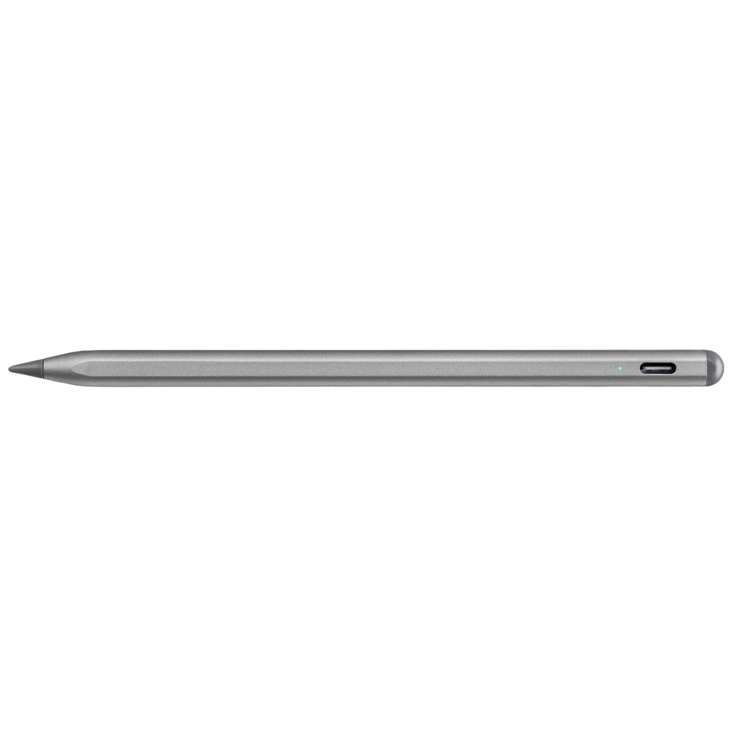 A silver stylus pen on a black background. Shows the tip and the power button detail.
