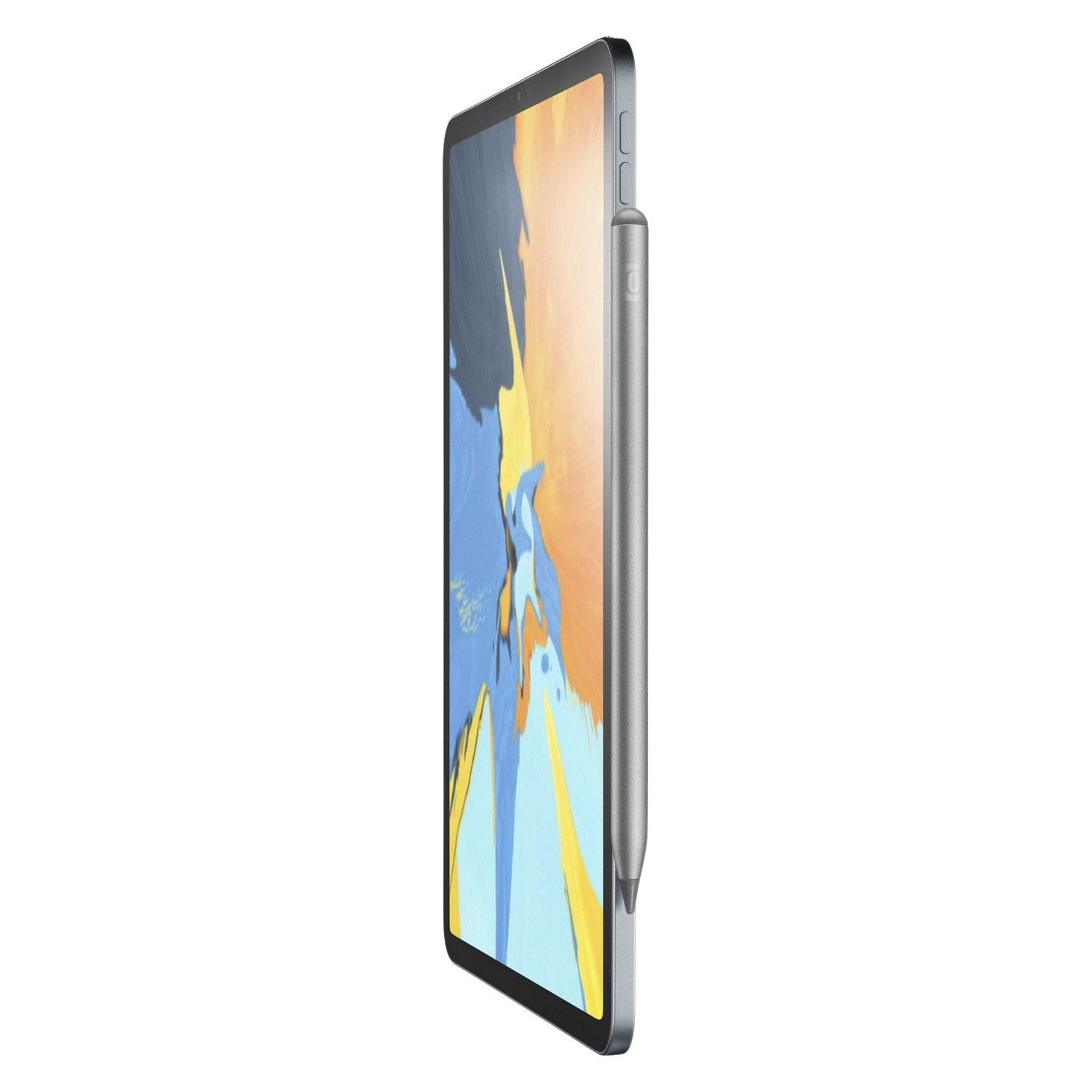 Tablet with a gray frame and a silver stylus on a black background.