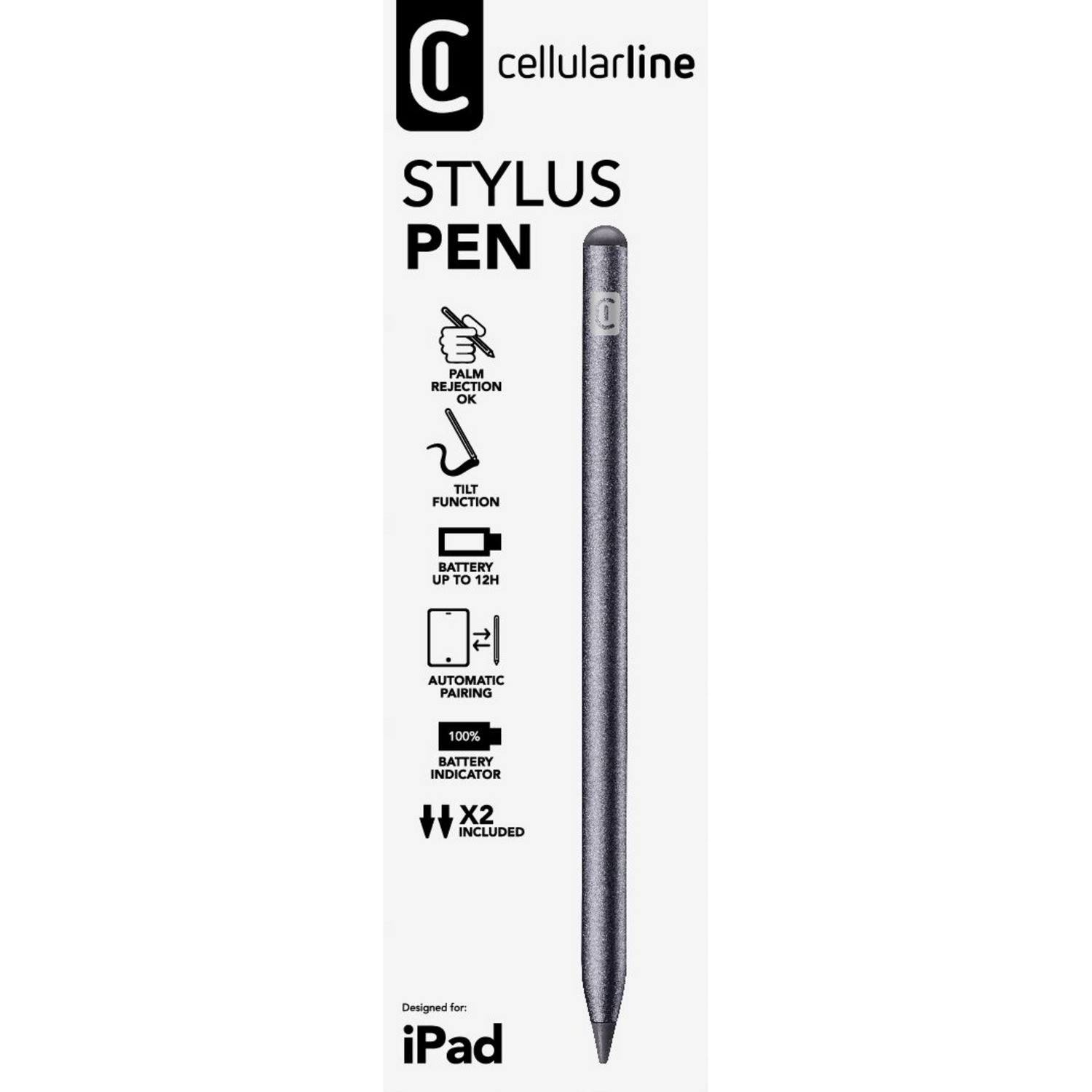 A black stylus pen with a logo, and text on a vertical white card.