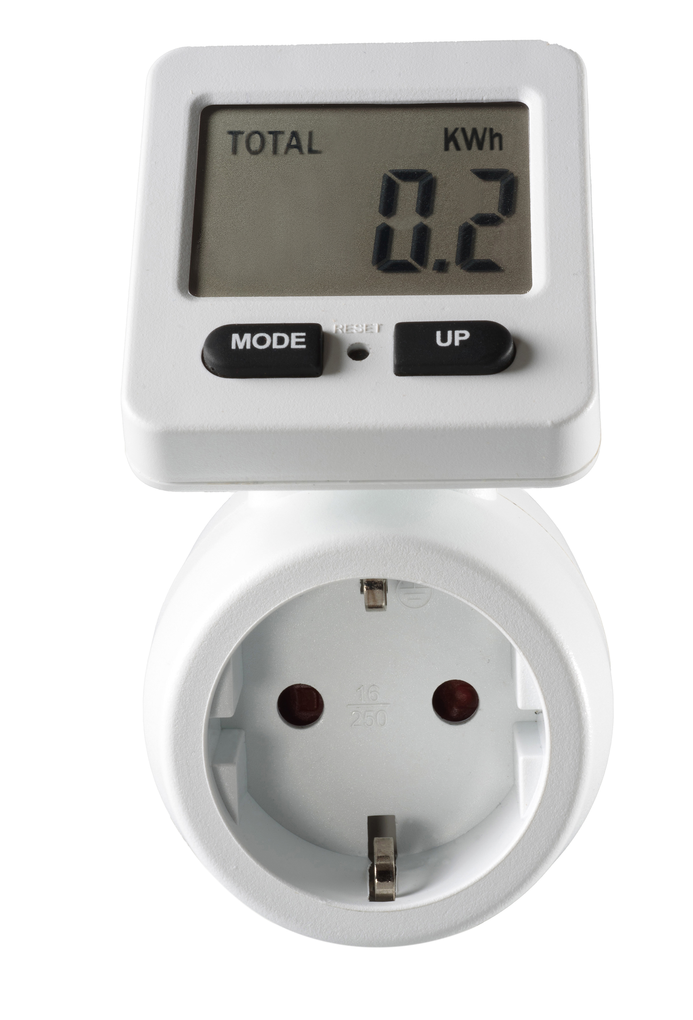 Weißer Leistungsmesser mit Stecker. Er zeigt 0,2 kWh auf seinem Display, mit Mode- und Up-Tasten.