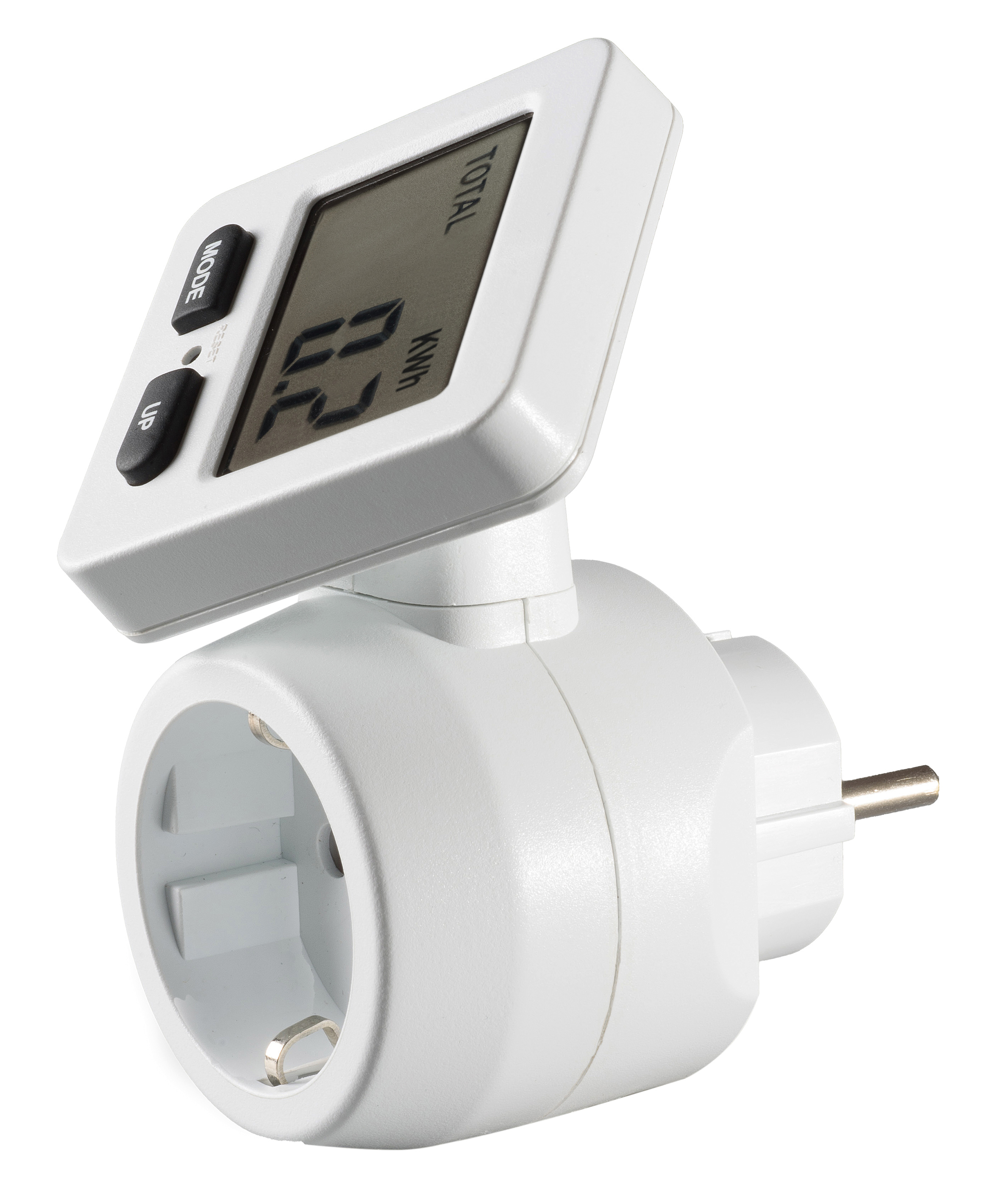 Weißes Energieverbrauchsmessgerät, das in eine Steckdose gesteckt ist, mit Display.