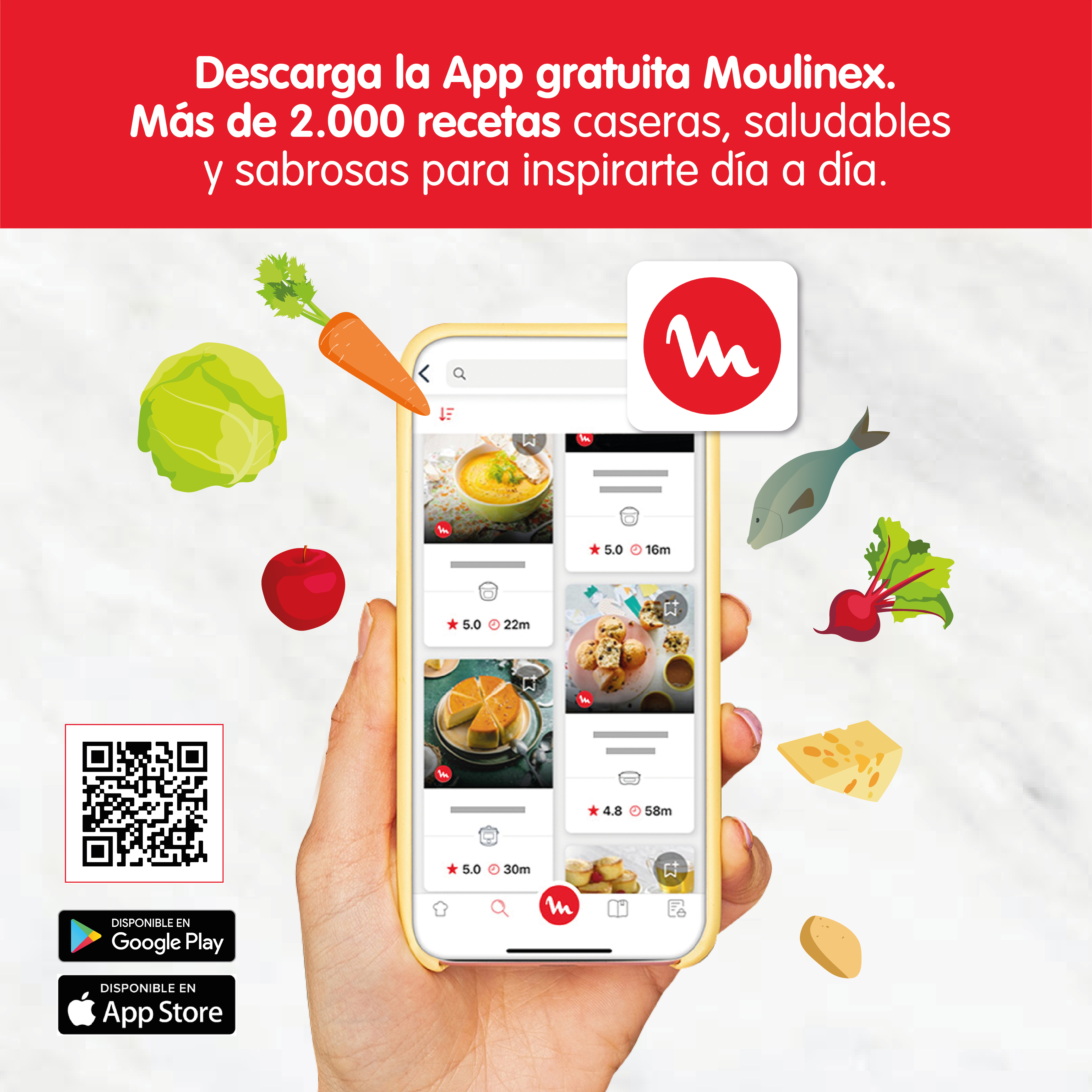 Interfaz de la app en un teléfono con verduras y frutas alrededor, fondo rojo y logos.