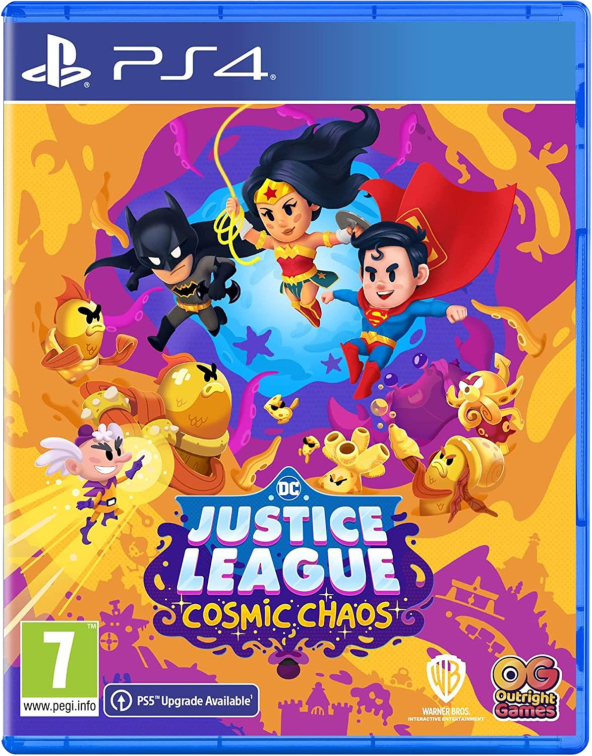 PS4 gamecover: DC Justice League Cosmic Chaos, met superhelden en een kleurrijk, cartoonachtig design.