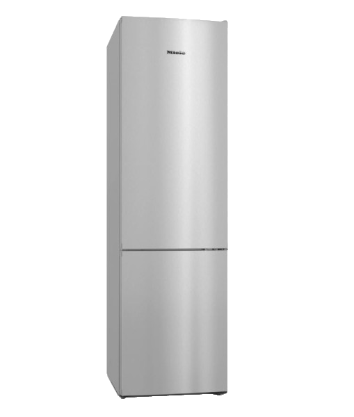 Refrigerador plateado con dos puertas y fondo negro. Logotipo de Miele en la parte superior. Diseño simple y moderno.
