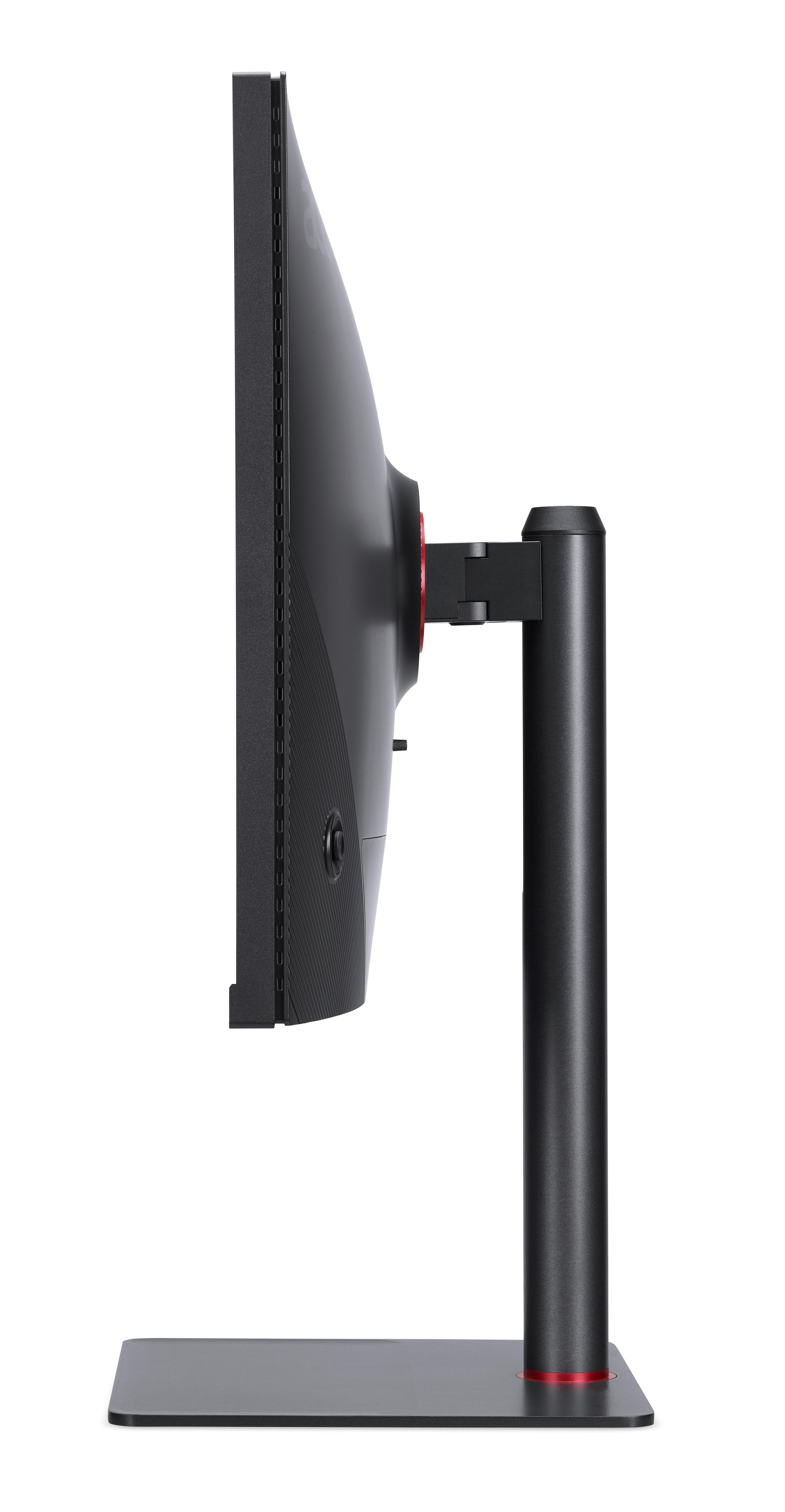 Ein schwarzer Computermonitor mit roter Basis und Akzenten. Seitenansicht.