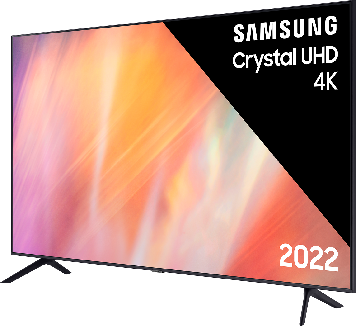 Samsung Crystal UHD 4K TV. The screen displays a colorful abstract design. The year 2022 is visible on the bottom right corner.
